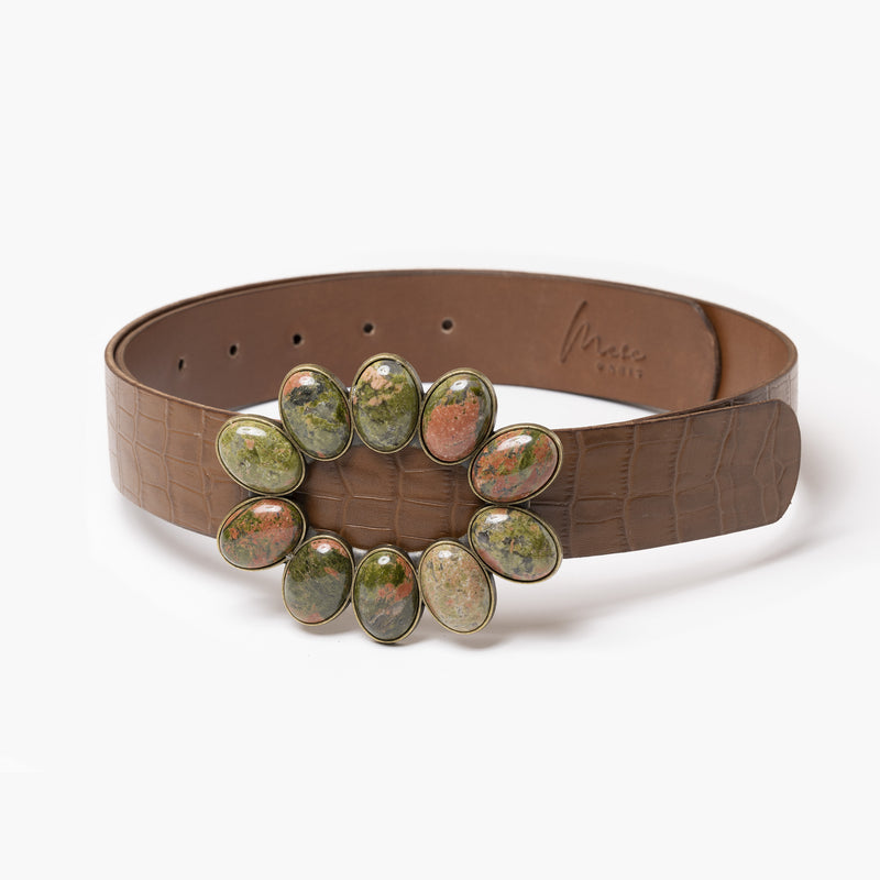 Ceinture en cuir de buffle embossé couleur caramel avec boucle en pierre Unakite
