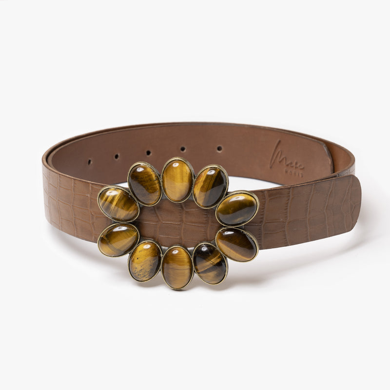 Ceinture de cuir camel ornée d'une boucle en pierres naturelles œil de tigre