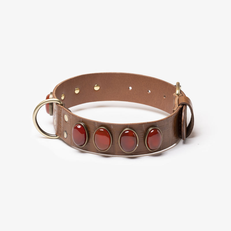 Collier pour chien cuir couleur caramel embossé façon croco
