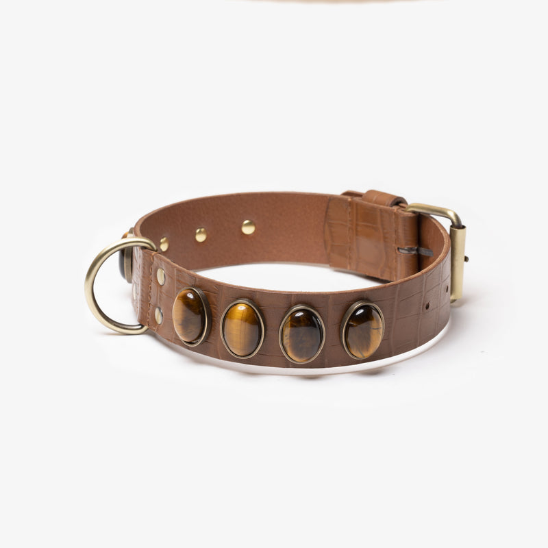 Collier en cuir pour petit et gros chien avec crochet pour laisse assortie et pierres naturelles