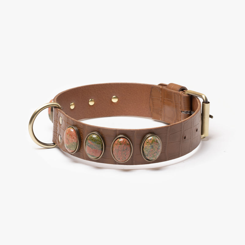 Collier en cuir pour chien décoré de pierres d'unakite