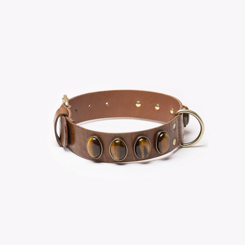 Pierre œil de tigre sur un très joli collier pour chien en cuir marron camel