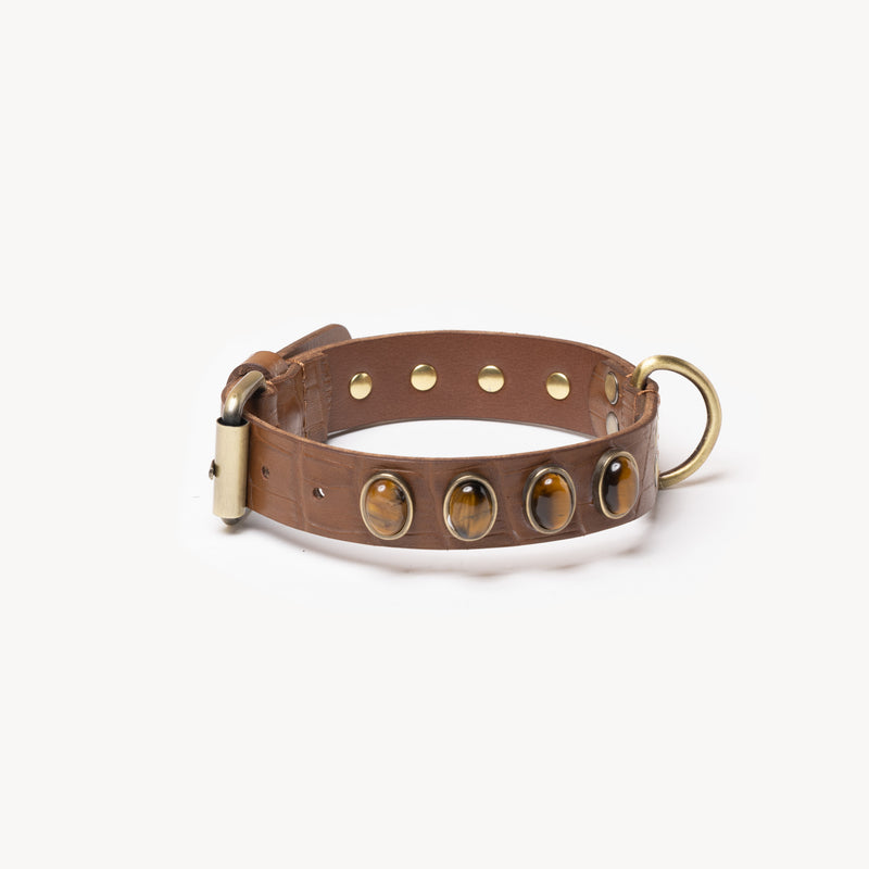 Pierres œil de tigre orant un collier marron camel en cuir large pour chien