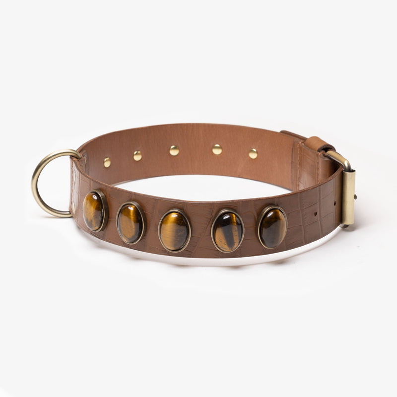 Collier marron pour chien en cuir artisanal avec pierres décoratives œil de tigre
