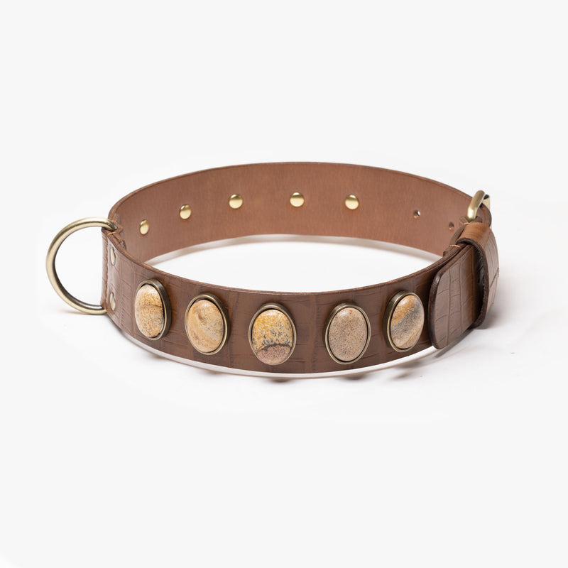 Collier pour petit chien et gros chien en cuir et pierres naturelles