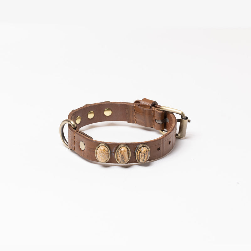 Collier pour chien en cuir marron décoré de pierres picture jasper