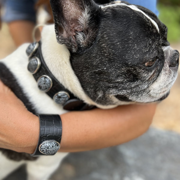 petit chien dans les bras de sa maîtresse qui porte un bracelet manchette de cuir noir et pierres naturelles